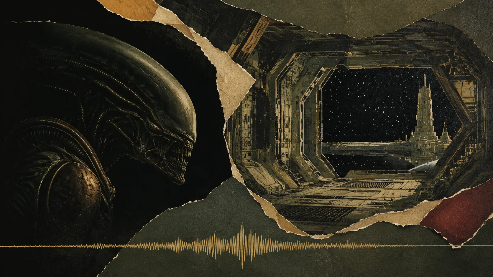 Illustration d’Alien III en livre audio : un xénomorphe dans l’ombre face à une station spatiale, avec une onde sonore dorée.