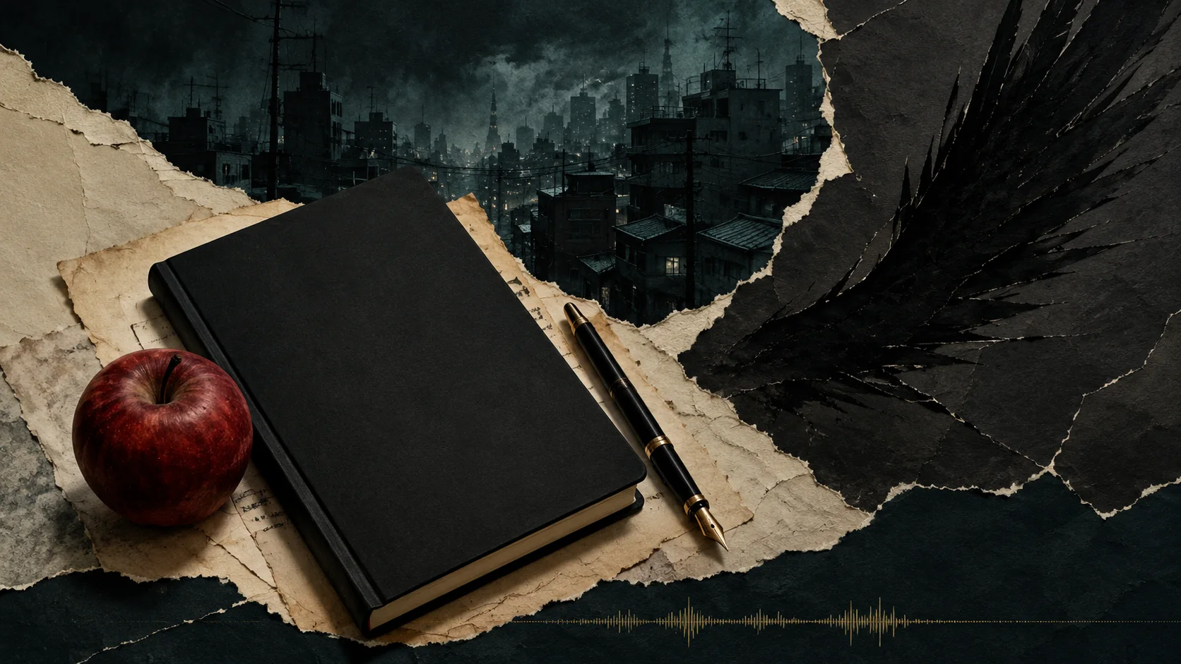 Death Note en livre audio : carnet noir, pomme rouge et plume sombre devant les toits de Tokyo.