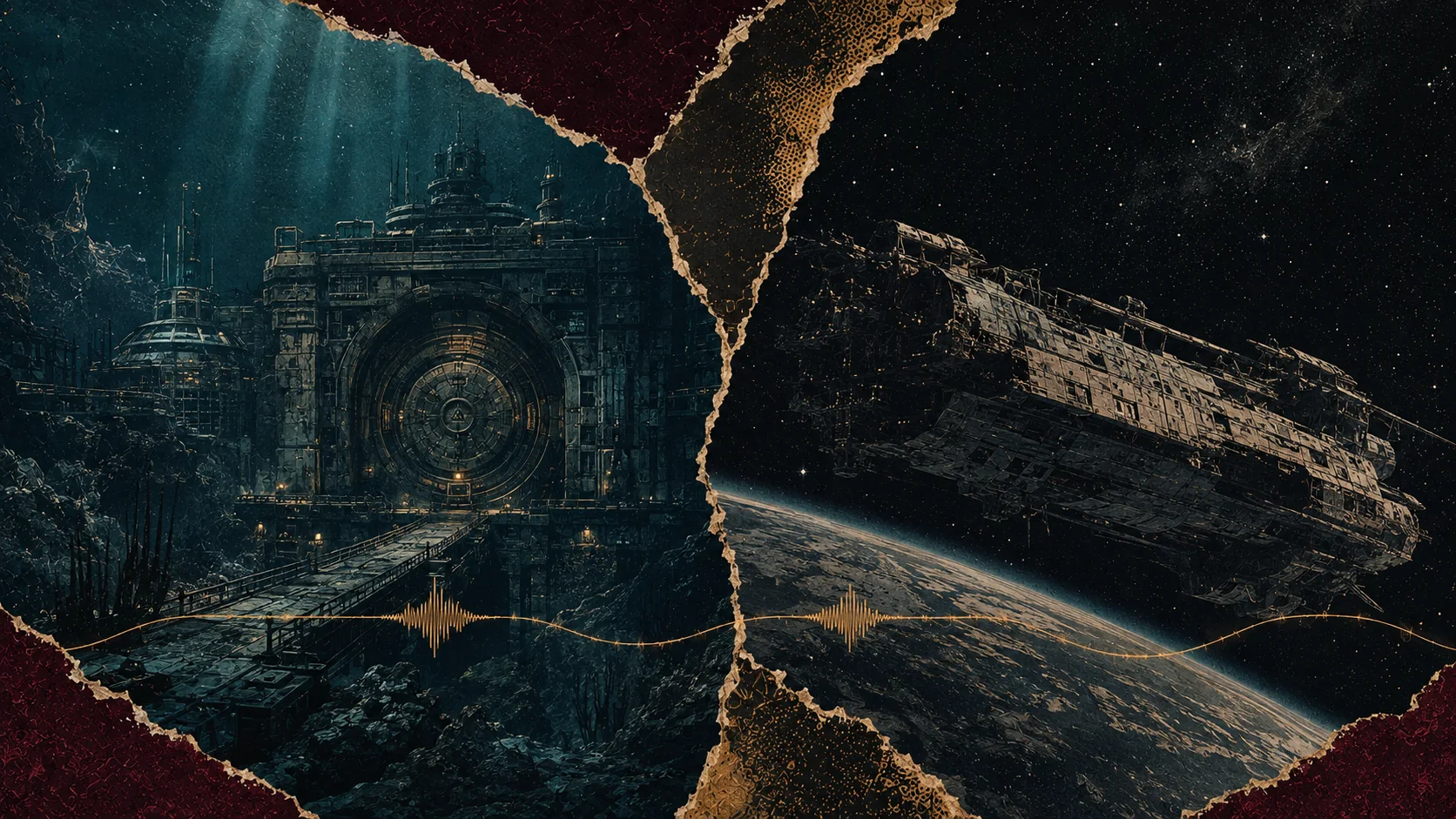 Illustration de Derelict en livre audio : un laboratoire au fond de l’océan et un vaisseau spatial à la dérive, reliés par une onde sonore dorée.