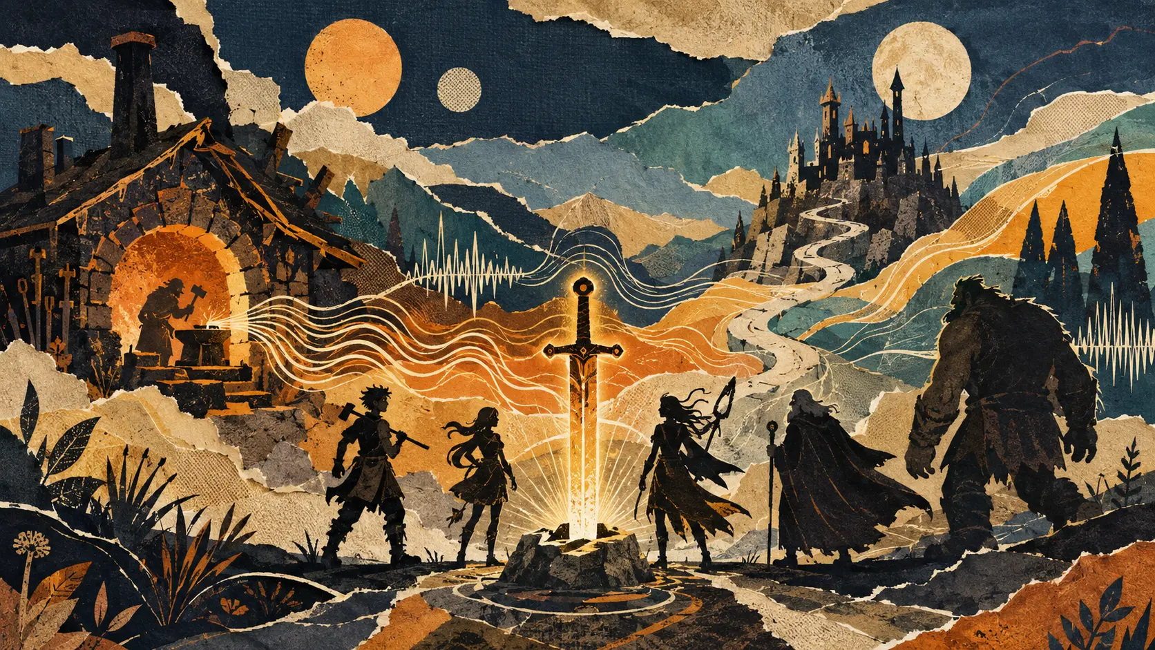 Illustration de Lanfeust de Troy en livre audio : collage de fantasy avec une épée lumineuse, une forge, un château et un groupe d’aventuriers