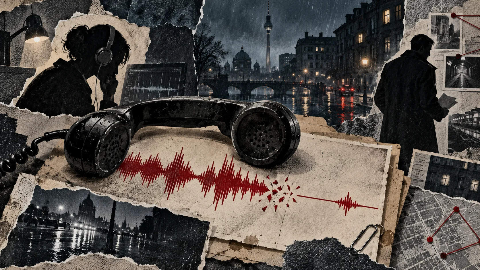 Collage analogique d’une enquête sonore à Berlin, avec un téléphone et une onde rouge interrompue