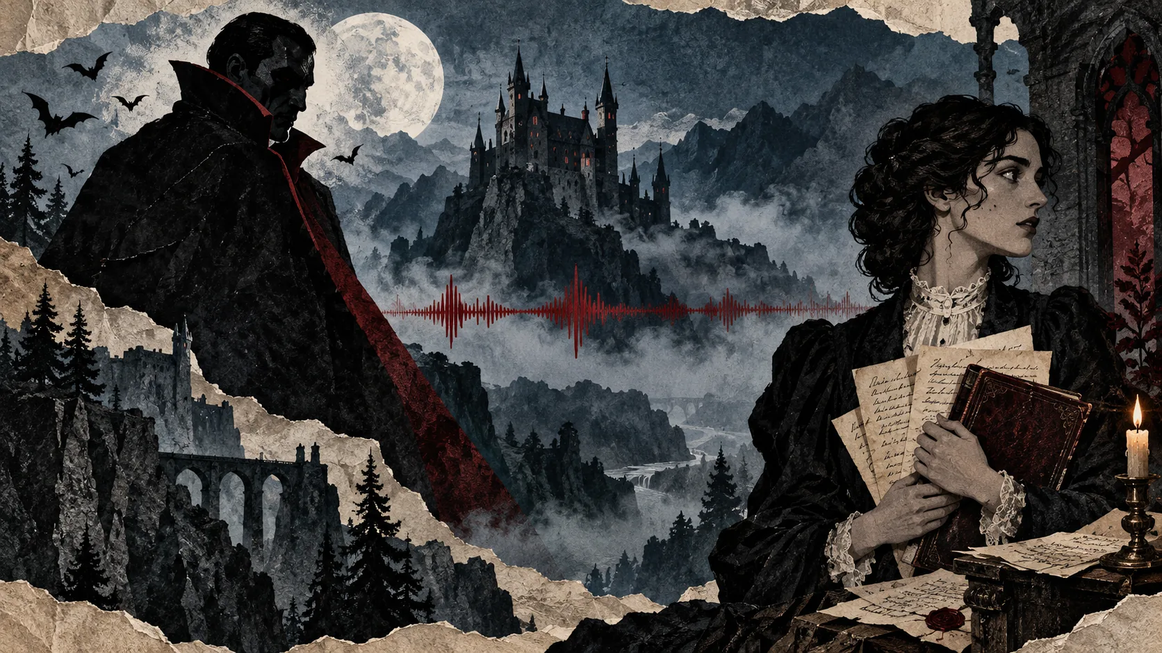 Collage analogique de Dracula et Mina devant un château, avec une onde sonore rouge dans la brume