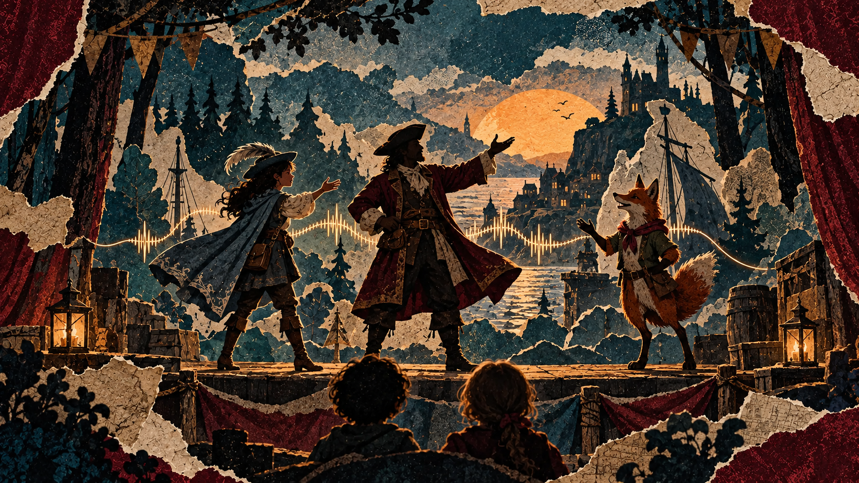 Une exploratrice, un marin et un renard jouent sur une scène de conte devant deux enfants, dans un collage de papier parcouru par une onde sonore.