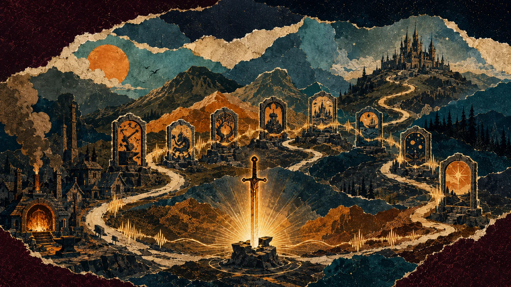Collage analogique d’une épée lumineuse et de huit portails jalonnant une route de fantasy vers un château