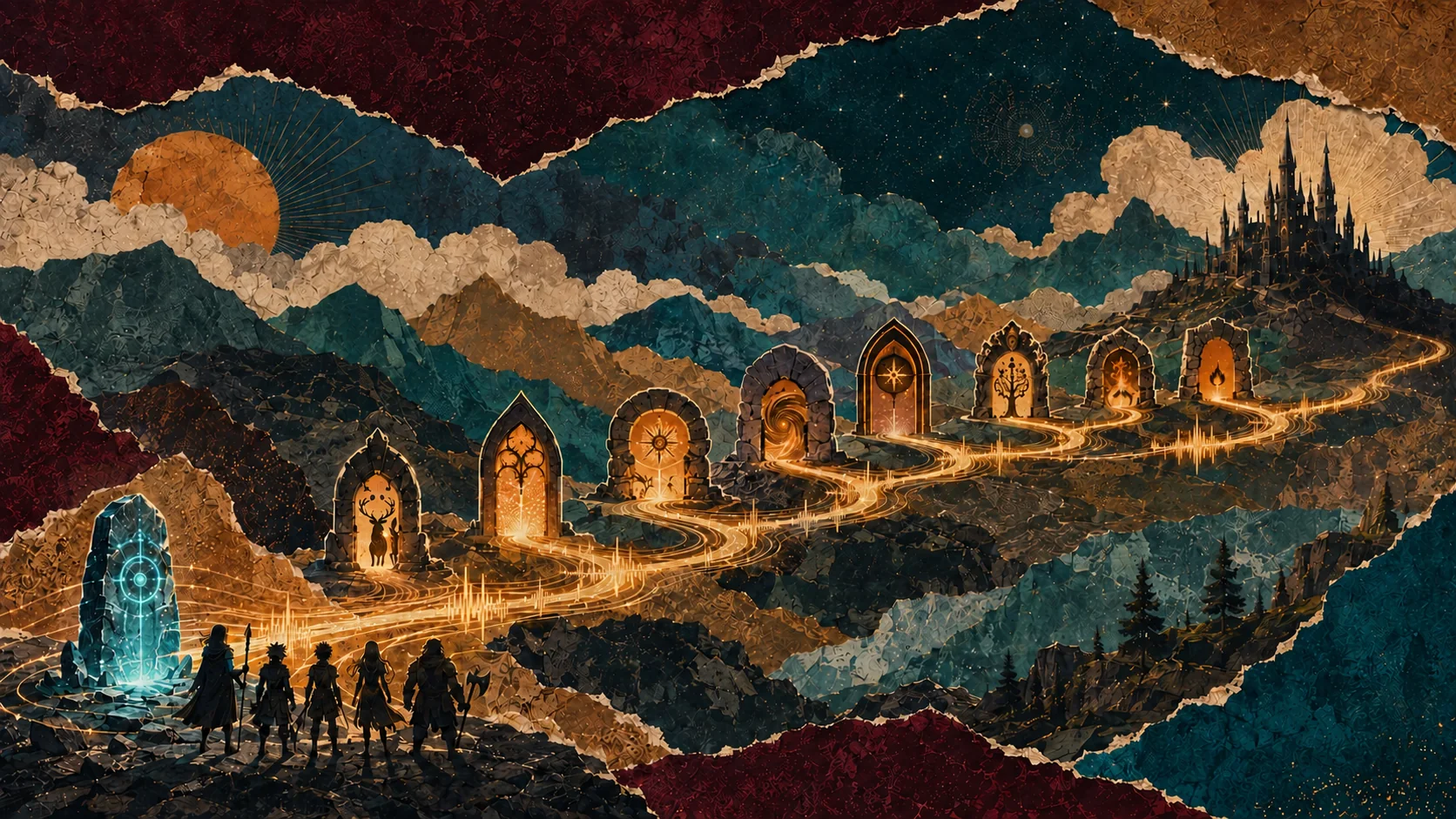 Collage analogique de cinq aventuriers suivant une onde sonore à travers huit portails vers un château