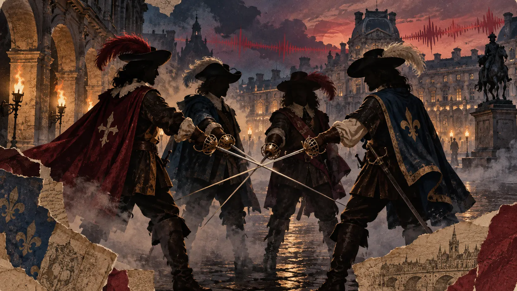 Quatre mousquetaires croisent leurs épées devant le Louvre, sous une onde sonore rouge.