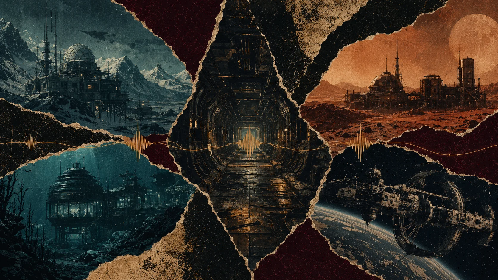 Collage analogique d’un corridor spatial relié à des bases isolées dans la glace, les abysses, le désert et l’espace