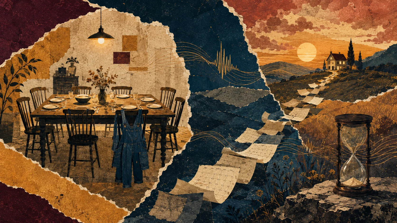 Collage analogique d’une table familiale, d’une salopette et d’un sablier reliés par une onde sonore