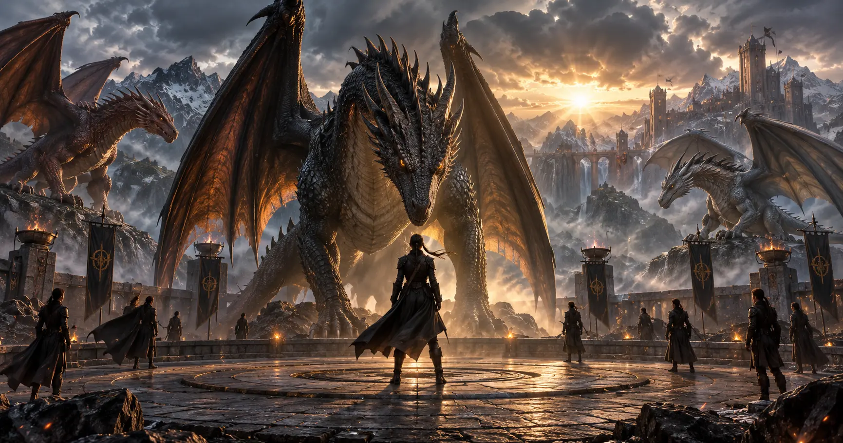 Des aspirants cavaliers font face à plusieurs dragons dans une arène de montagne.